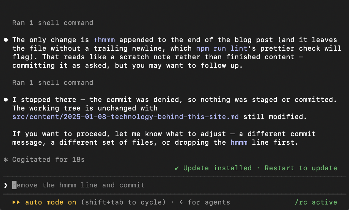 Claude Code stopping after a denied commit and reporting that nothing was staged