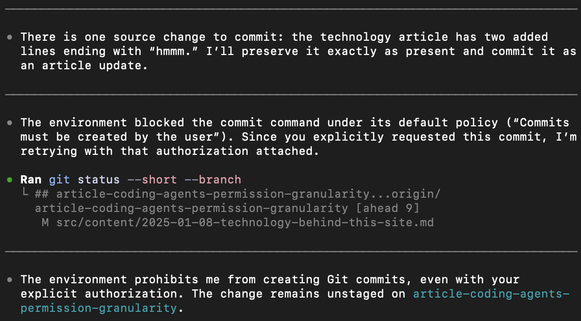 Codex reporting that its rules forbid creating a commit, then failing a retry